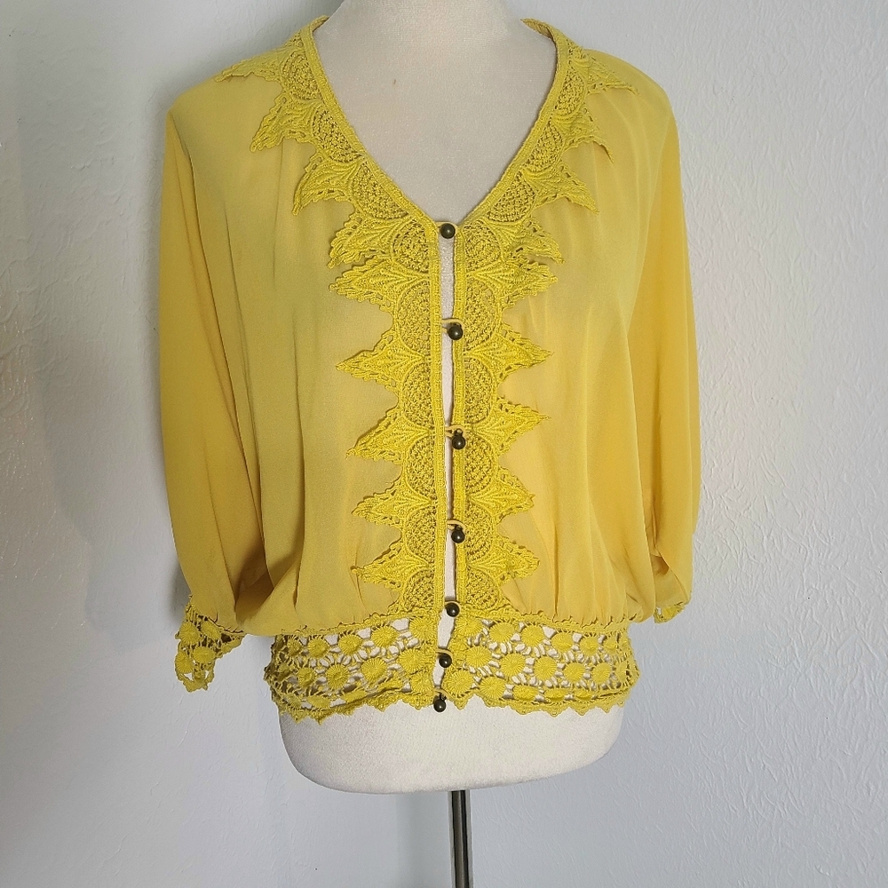 Entro Yellowish Gold Blouse with Embroidered Trim, Semi-Sheer, Size Medium